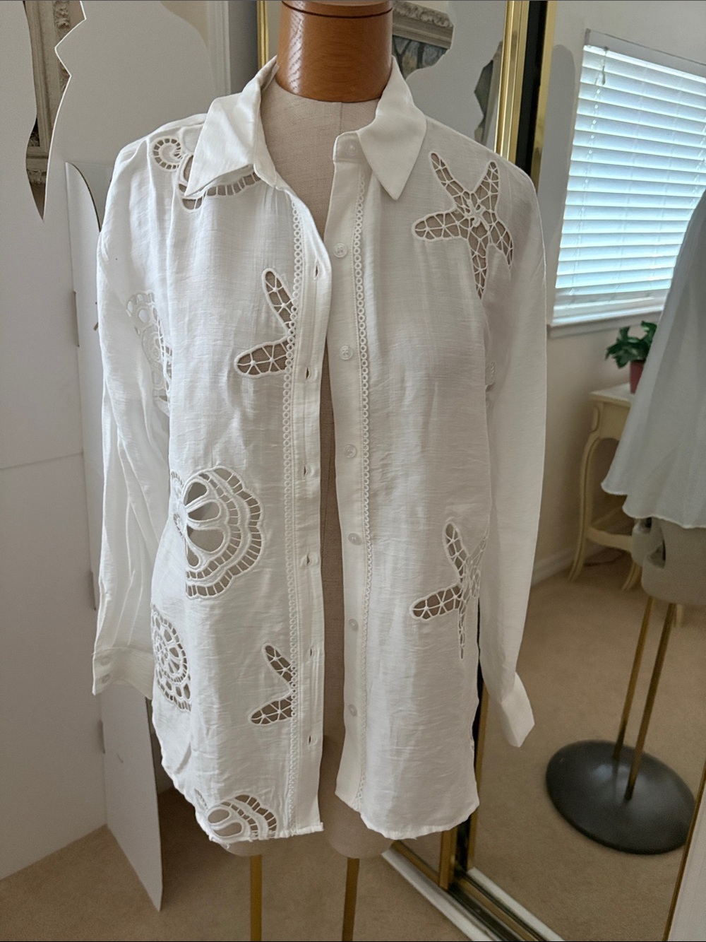 Women's White Cutwork Button-Down Shirt